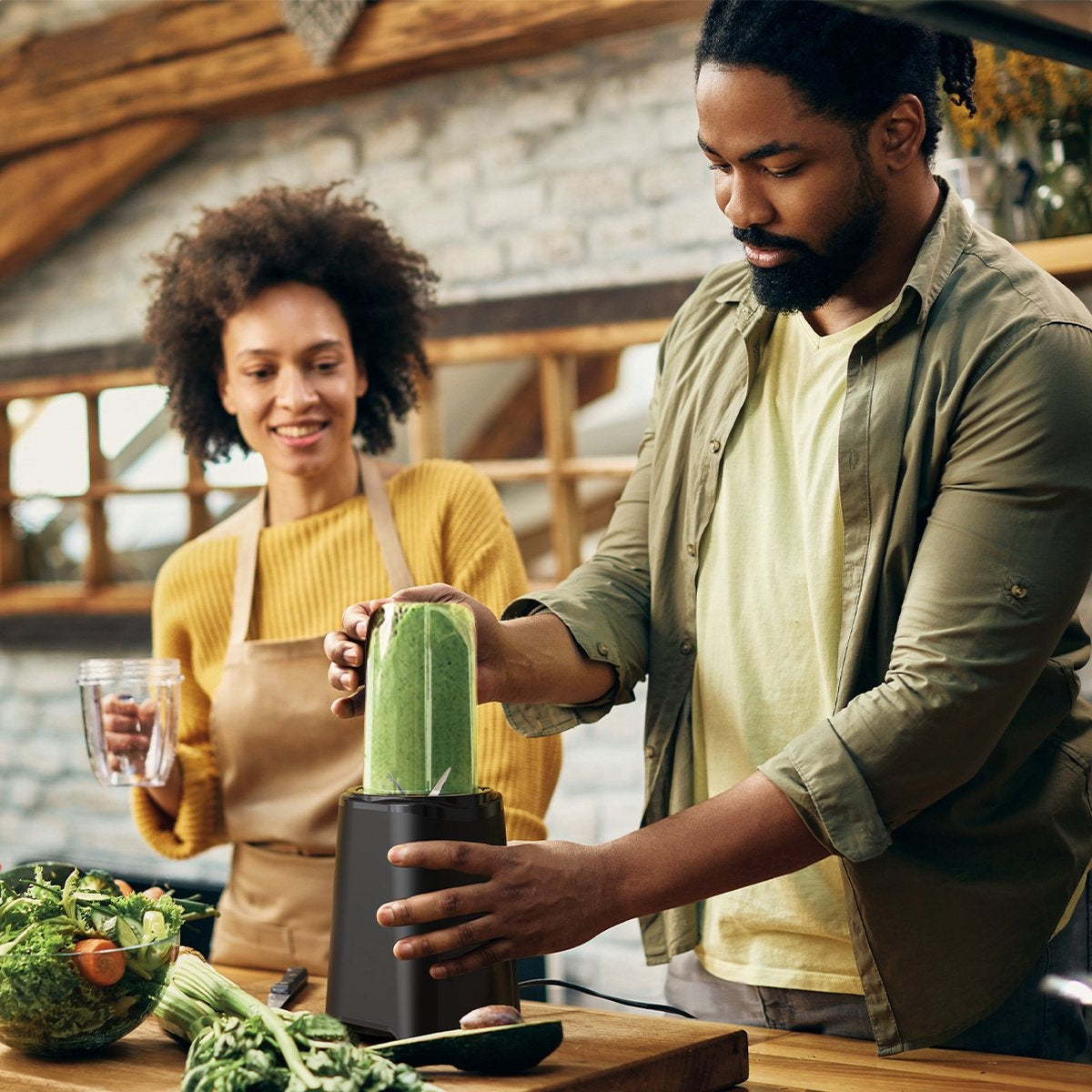 Blender - KitchenBrothers - 2-en-1 - 350 W - 4 tasses 600 ml/300 ml - Smoothie - Mini Blender - Noir