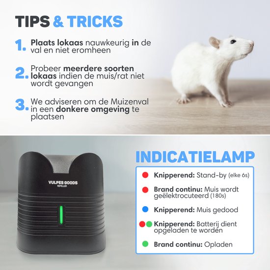 Vulpes Goods® Repellent - Souricière électrique Pro - Souricière efficace pour l'intérieur - Sans fil et rechargeable - Sûre, hygiénique et durable - Convient également comme piège à rats électrique