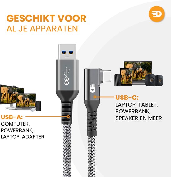 Drivv. Câble USB vers USB C - Angulaire - Modèle 2024 - Câble de données et de charge USB C - Charge rapide / Chargeur rapide - 1,5 mètre court - Convient à Samsung, iPhone 15 et plus - Gris