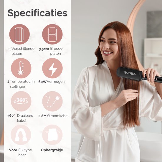 Soosia 5-in-1 Switch Styler - Lisseur, gaufrier, fer à vagues et fer à boucler - Plaques en céramique de 3,5 cm - Or rose