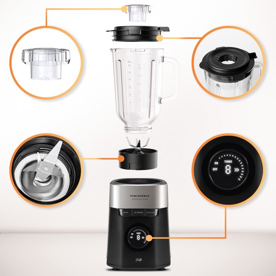 JAP Appliances AeroBlend - Mixeur puissant (1000W) avec 8 vitesses et 3 réglages - Grand pichet en verre de 1,5 litre - Bouchon doseur 20-40ml - Smoothie maker - Broyeur à glace - Noir