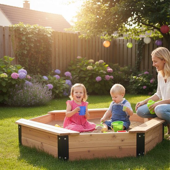 Bac à sable AXI Onno XL 150 x 150 x 23 cm, couleur marron/anthracite – Avec bancs – Avec housse – Bois de cèdre 100 % certifié FSC – Grand bac à sable pour enfants