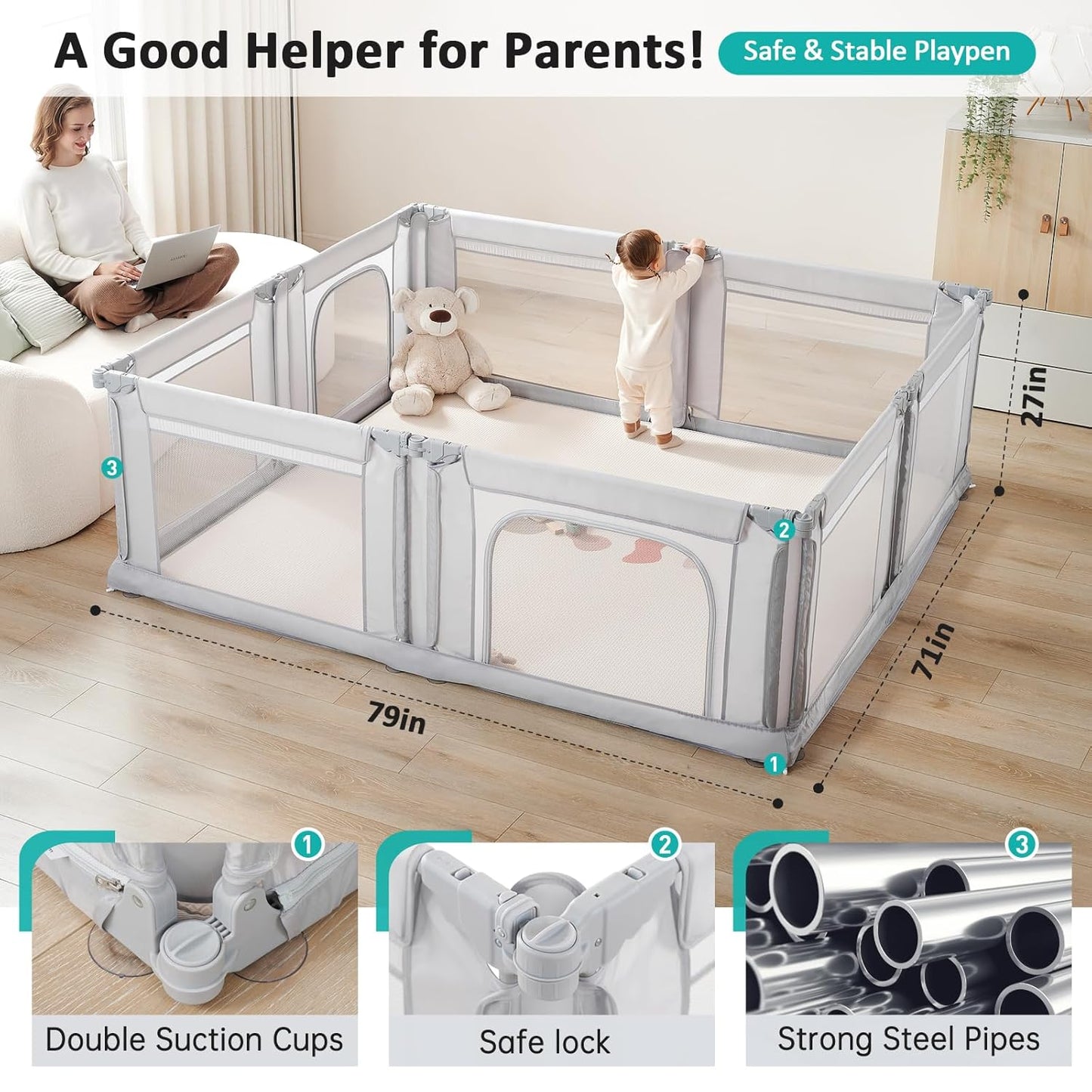 Dora Dotey Babybox Gris clair - 8 panneaux - 200 x 180 x 69 cm - Pliable