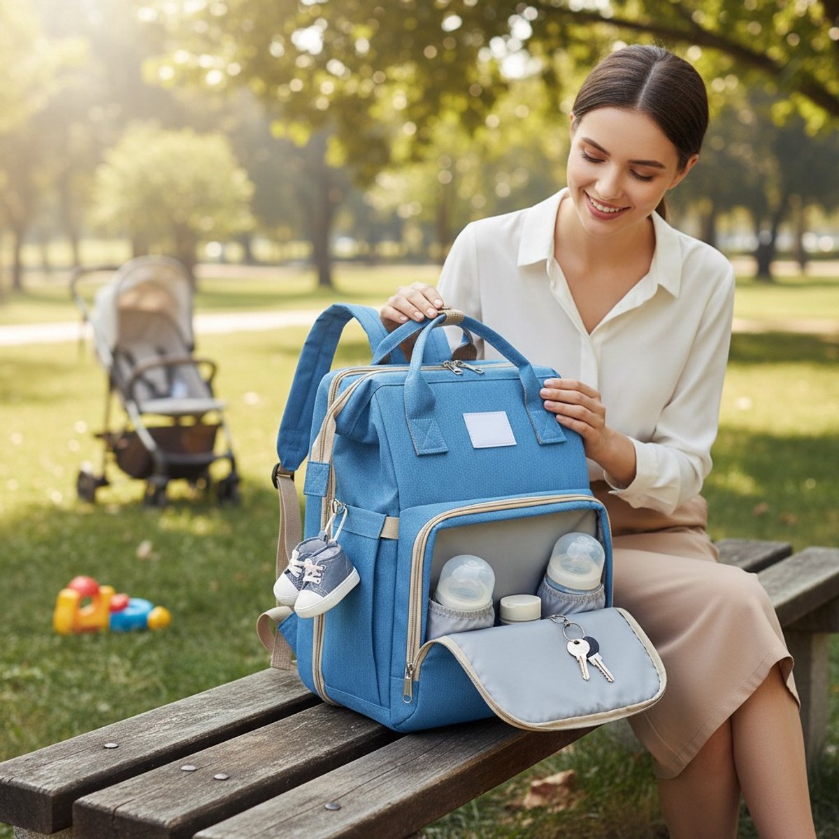 Sac à langer Qwali transformable en lit - 7 porte-biberons - Bleu-gris