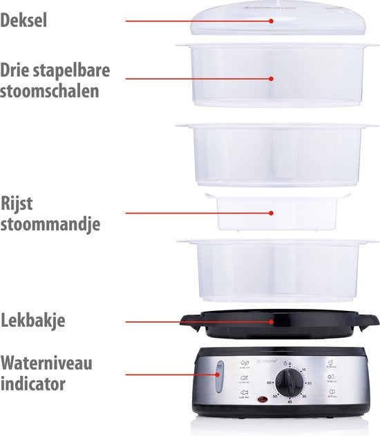 Cuiseur vapeur Alpina 9 L - Cuiseur vapeur 800 W - Cuiseur vapeur avec minuterie et fonction de maintien au chaud - Cuiseur vapeur à 3 niveaux - Cuiseur vapeur pour légumes, riz, poulet, fruits, poisson et œufs - Acier inoxydable