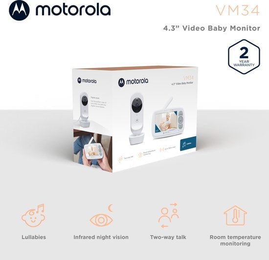 Motorola Nursery Babyfoon - avec caméra - VM34 - Écran couleur 4,3 pouces - Vision nocturne infrarouge - Fonction interphone - Berceuses