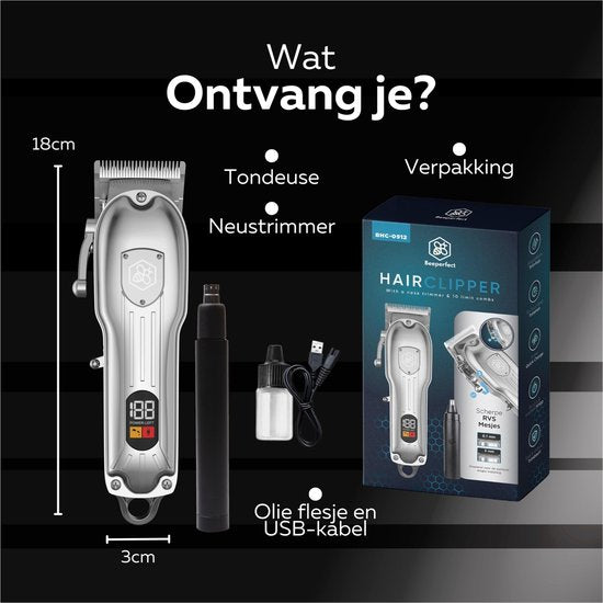 Beeperfect® Tondeuse à cheveux professionnelle sans fil pour hommes - Tondeuse à cheveux - Tondeuse à cheveux pour cheveux de tête - Tondeuse à cheveux - Tondeuse à nez incluse