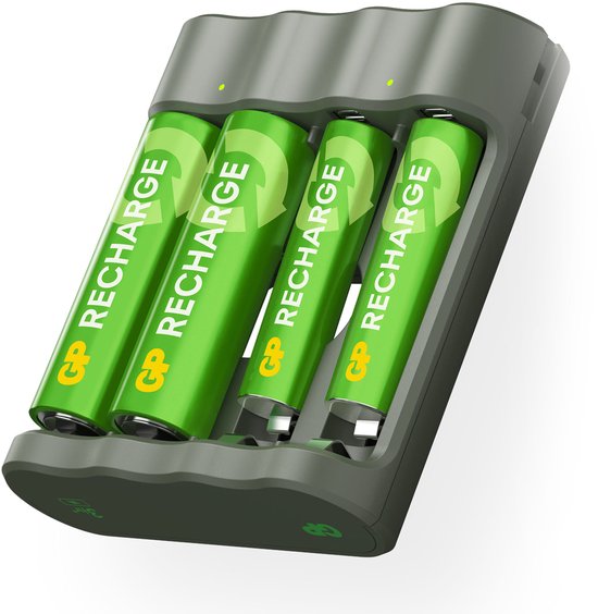 Chargeur de piles GP Recharge pour piles AA et AAA – 4 emplacements, port USB, recharge rapide et sûre, chargeur compact avec piles rechargeables : 2 x AA 2100 mAh / 2 x AAA 800 mAh