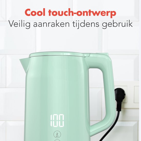 KitchenBrothers Bouilloire - 1,7L - Avec contrôle de la température - Électrique - Fonction maintien au chaud - Affichage - Double paroi - Cool-touch - 2200W - Vert pastel