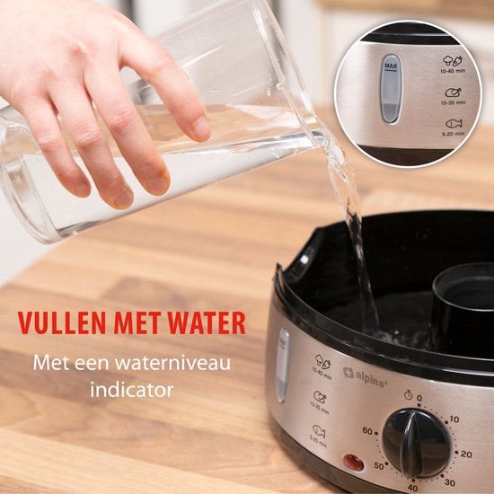 Cuiseur vapeur Alpina 9 L - Cuiseur vapeur 800 W - Cuiseur vapeur avec minuterie et fonction de maintien au chaud - Cuiseur vapeur à 3 niveaux - Cuiseur vapeur pour légumes, riz, poulet, fruits, poisson et œufs - Acier inoxydable