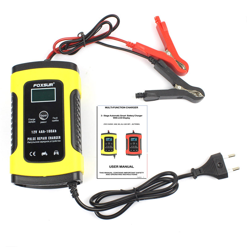 Chargeur de batterie Foxsur 12 V 5 A - Écran LCD - Réparation par impulsions - Moto et voiture