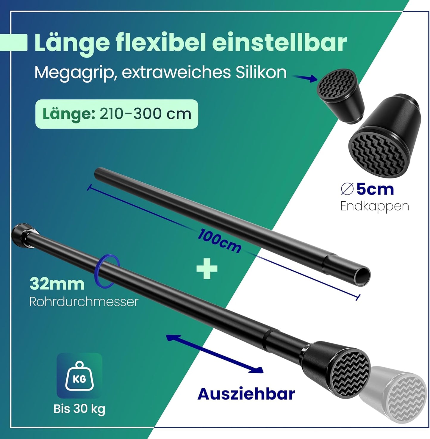 LOBUX® - Tringle à rideau sans percer [noir, 210-300cm] - Tringle télescopique Rideau extensible - Tringle de douche sans percer - Tringle à rideau, Tringle de douche, Tringle à vêtements, Tringle de serrage Filet de chat