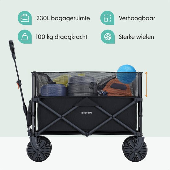 LifeGoods Wagon - Wagon pliable - 100KG - 230L - surélevé - avec housse de protection - noir