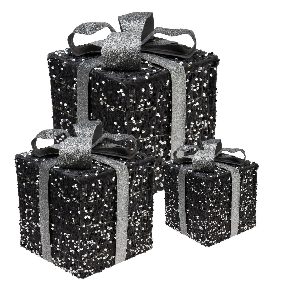 3 boîtes cadeaux lumineuses avec Led - Argent - 15cm, 20cm, 25cm