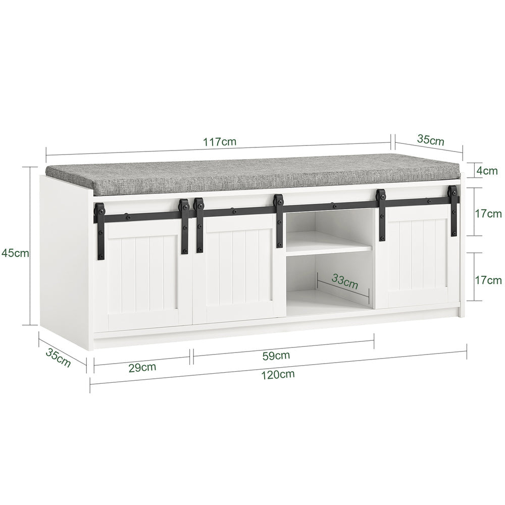 SoBuy FSR133-W Meuble à chaussures Meuble à chaussures Meuble d'entrée Meuble de rangement bas Meuble de rangement Meuble de rangement avec 1 coussin rembourré et 3 portes-fenêtres