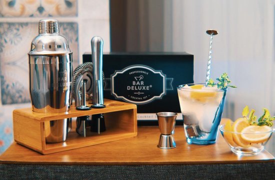 BarDeluxe® Cocktail Set - 13-Piece - Cocktail Shaker 750 ml with Bamboo Stand, Recipe Book & Whiskey Stones - Luxury Gift Package
