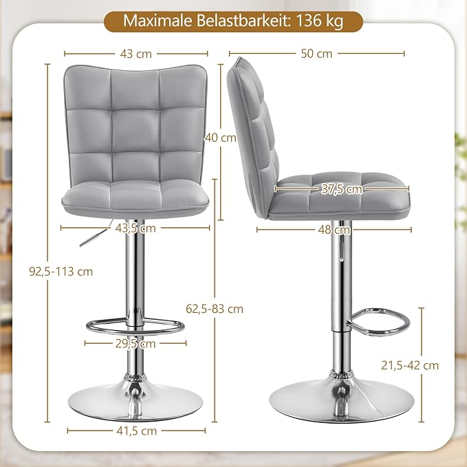 Tabourets de bar Yaheetech - Lot de 2 - Réglables et pivotants à 360° - Gris clair