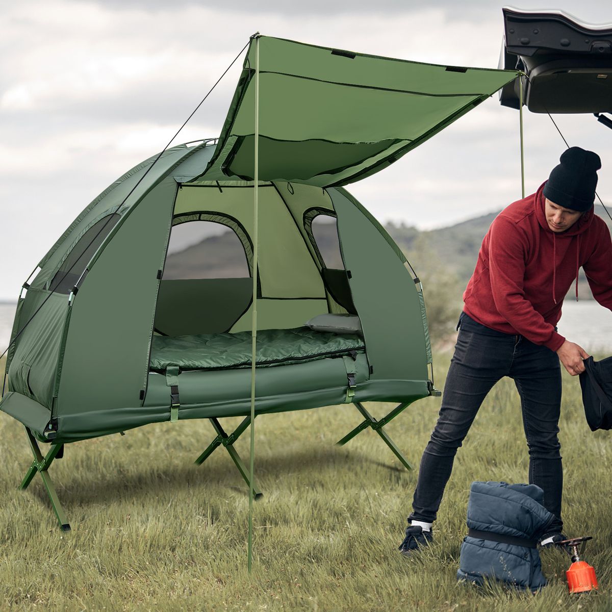 Lit de camp Coast avec tente - Kit de camping 5 en 1 - Matelas gonflable, sac de couchage et oreiller - Vert - 194 x 87 x 167 cm