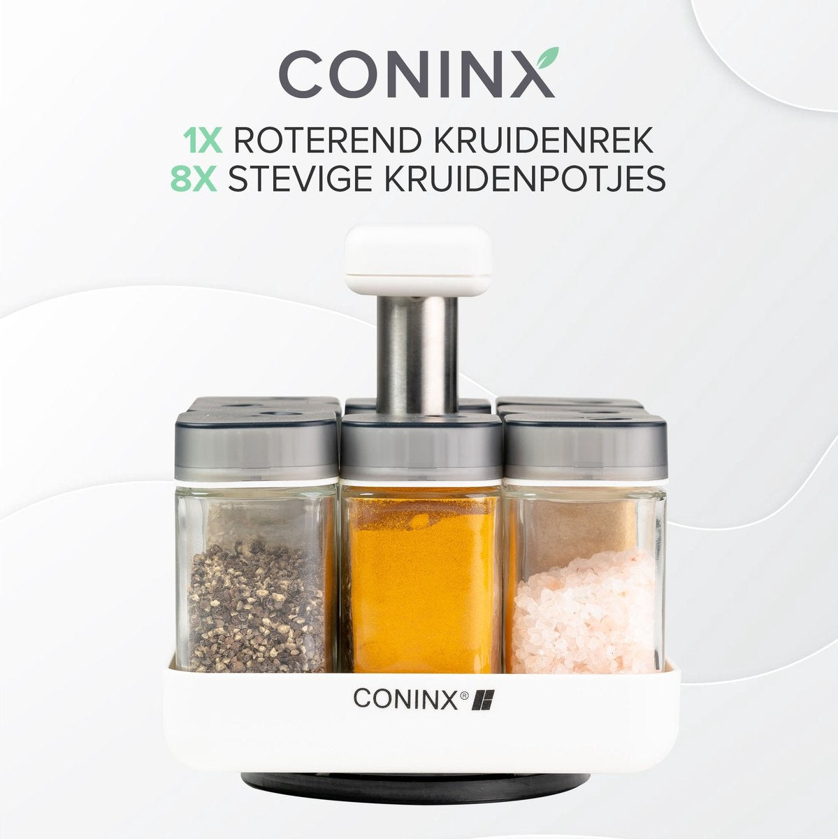 Coninx Kruidenrek Staand met 8 Kruidenpotjes met strooideksel - Draaiend Kruidenrek met Glazen Potjes - Kruidencarrousel Draaibaar - Wit / RVS