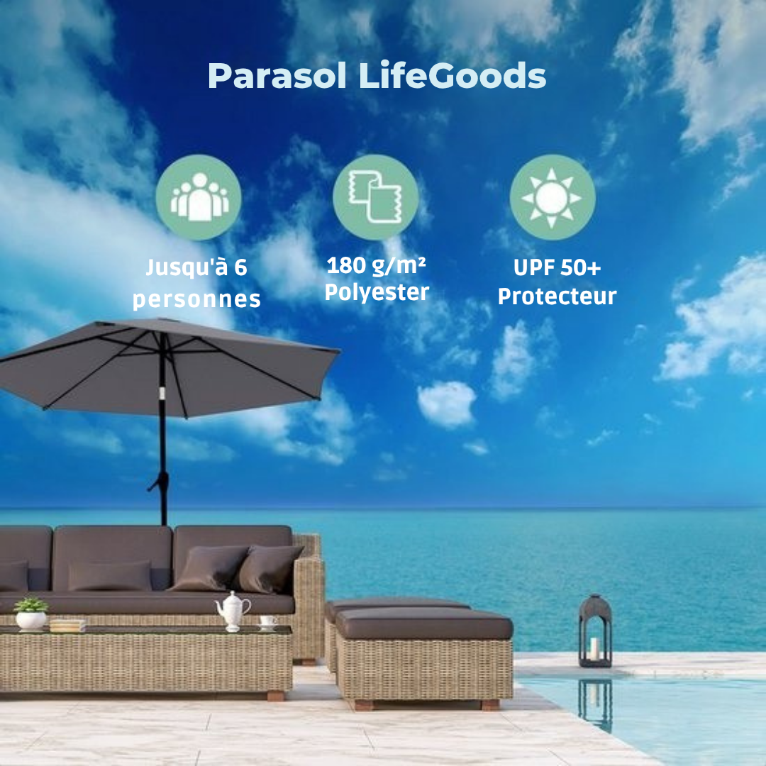 Parasol LifeGoods - Ø270 cm - 30° inclinable - imperméable - avec housse - Gris foncé