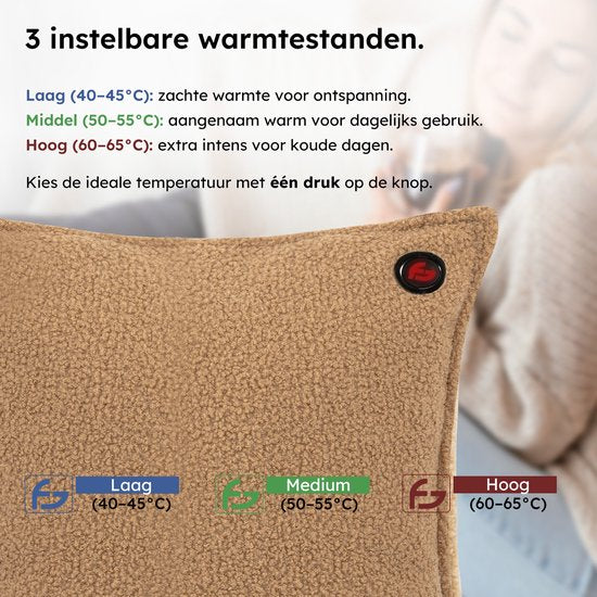 Coussin chauffant - 3 niveaux de chaleur - Coussin chauffant rechargeable - 10k mAh Powerbank - Sans fil - Coussin chauffant - 40 x 40 - Bouclé Taupe - Saaf Comfort