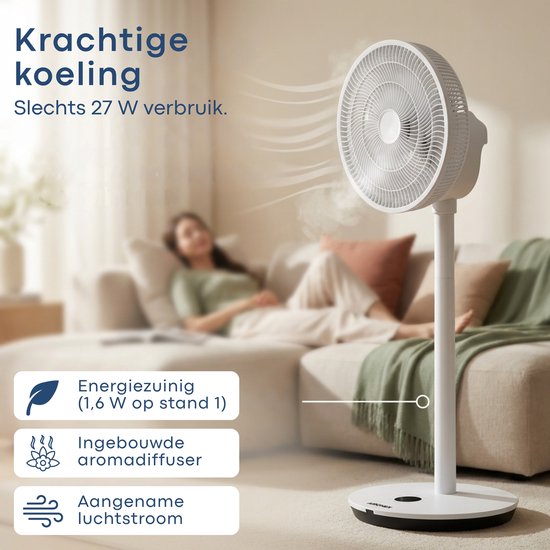 Ventilateur Aironex - Ventilateur sur pied silencieux à 26 vitesses - Commande via application - Faible consommation - Blanc - Avec fonction aromathérapie et Wi-Fi - Minuterie et mode nuit - Réglable en hauteur - Oscillation horizontale et verticale