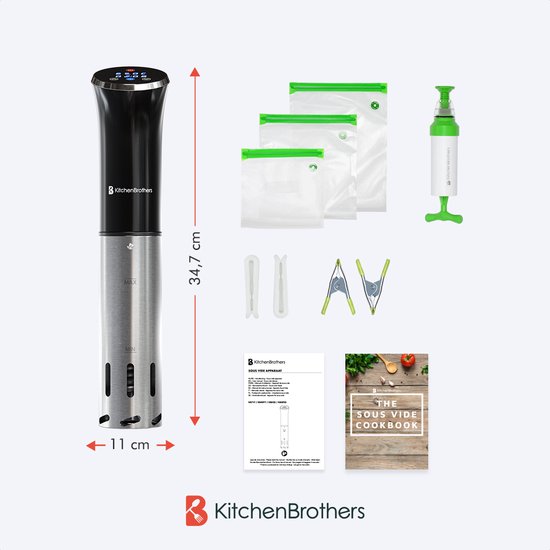 KitchenBrothers Stick Sous Vide - Accessoires inclus - 1200 W - 11 x 7,5 x 34,7 cm - Noir/RVS