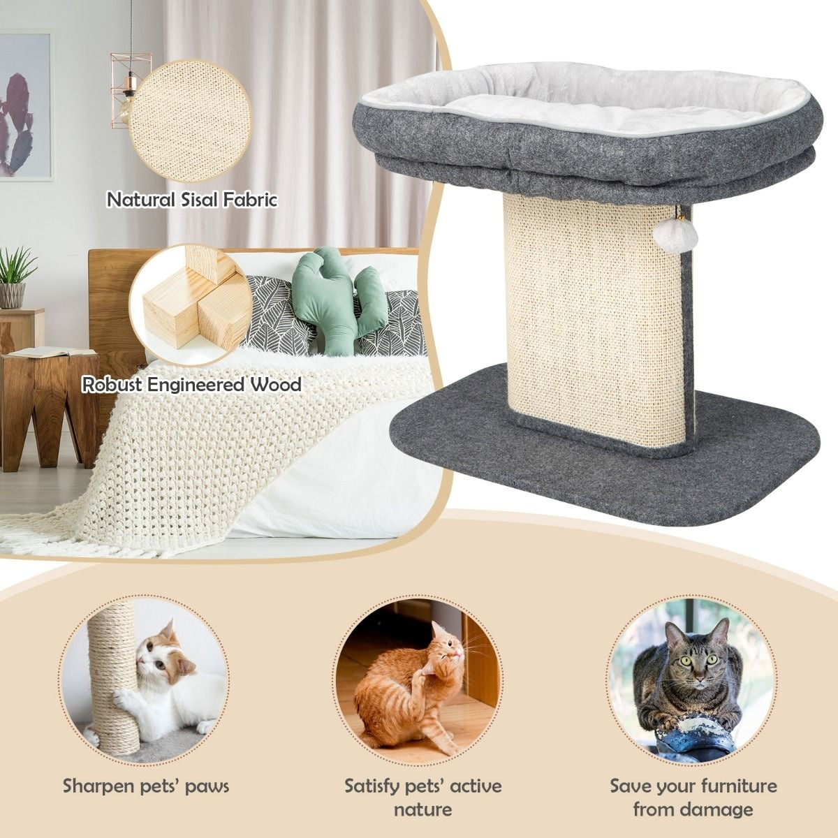 Arbre à griffes Coast Modern Meubles pour chats avec grand fauteuil en peluche et planche à griffes en sisal gris
