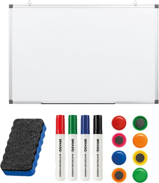 BRASQ Tableau blanc 60×45 cm magnétique - avec accessoires (marqueurs, gomme, aimants) - Tableau noir - Tableau magnétique - Blanc