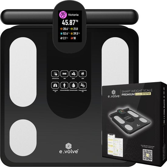 e.volve X11 Pèse-personne numérique - Pèse-personne intelligent avec 32 analyses corporelles - Rechargeable via USB - Application et poignée incluses