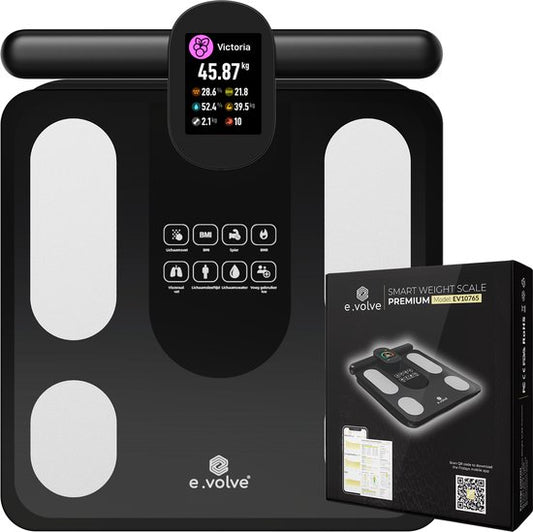 e.volve X11 Pèse-personne numérique - Pèse-personne intelligent avec 32 analyses corporelles - Rechargeable via USB - Application et poignée incluses