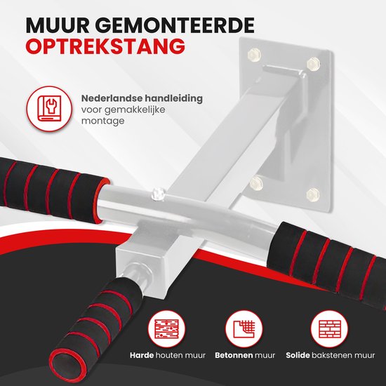 TTD® Premium Pull Up Bar - Pull Up Station - Wall Mount Pull Up Bar - Dip Station - Dip Bars - Home Sports - Home Fitness - Premium materials - Extra sturdy mounting parts - Home workout - White/Red