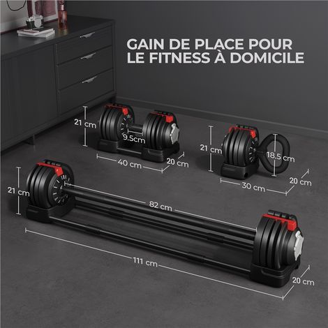 Ensemble d'haltères réglables Yaheetech 3-en-1 – 3 à 24 kg – 111 cm – Noir