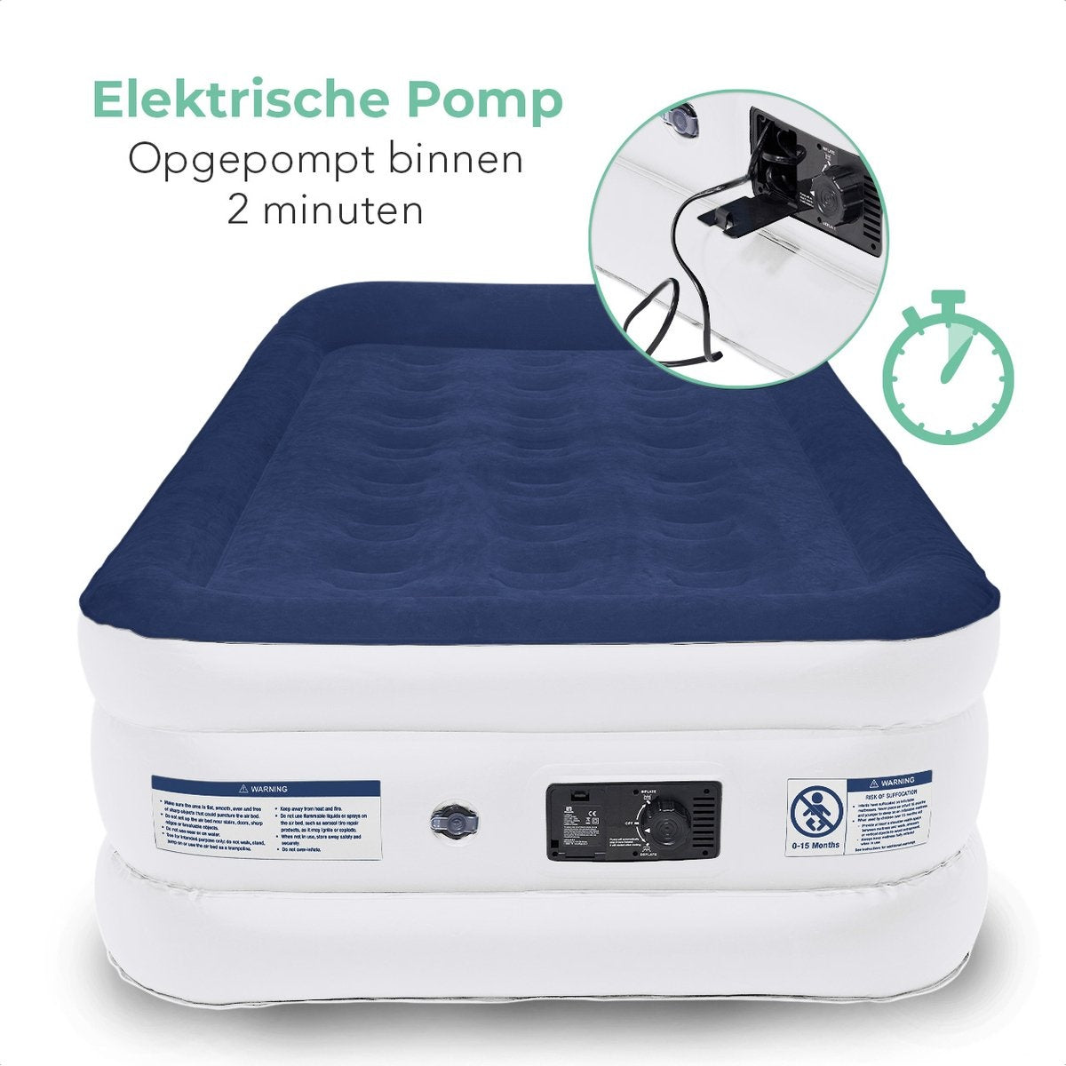 LifeGoods Airbed - 1 personne - avec pompe intégrée - sac de transport et kit de réparation inclus - blanc/bleu