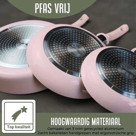COOCK Poêle Wok Induction 32cm - Revêtement spécial antiadhésif - Poêle à frire avec couvercle - Aluminium recyclé - Rose clair/blanc - Livre électronique inclus