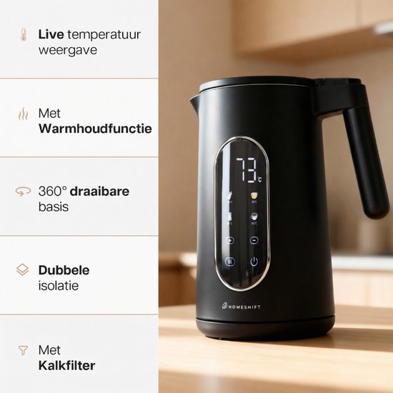 Bouilloire HomeShift® avec réglage de la température - Fonction de maintien au chaud - À double paroi - Électrique - 1,7 litre - 2200 W - Noir