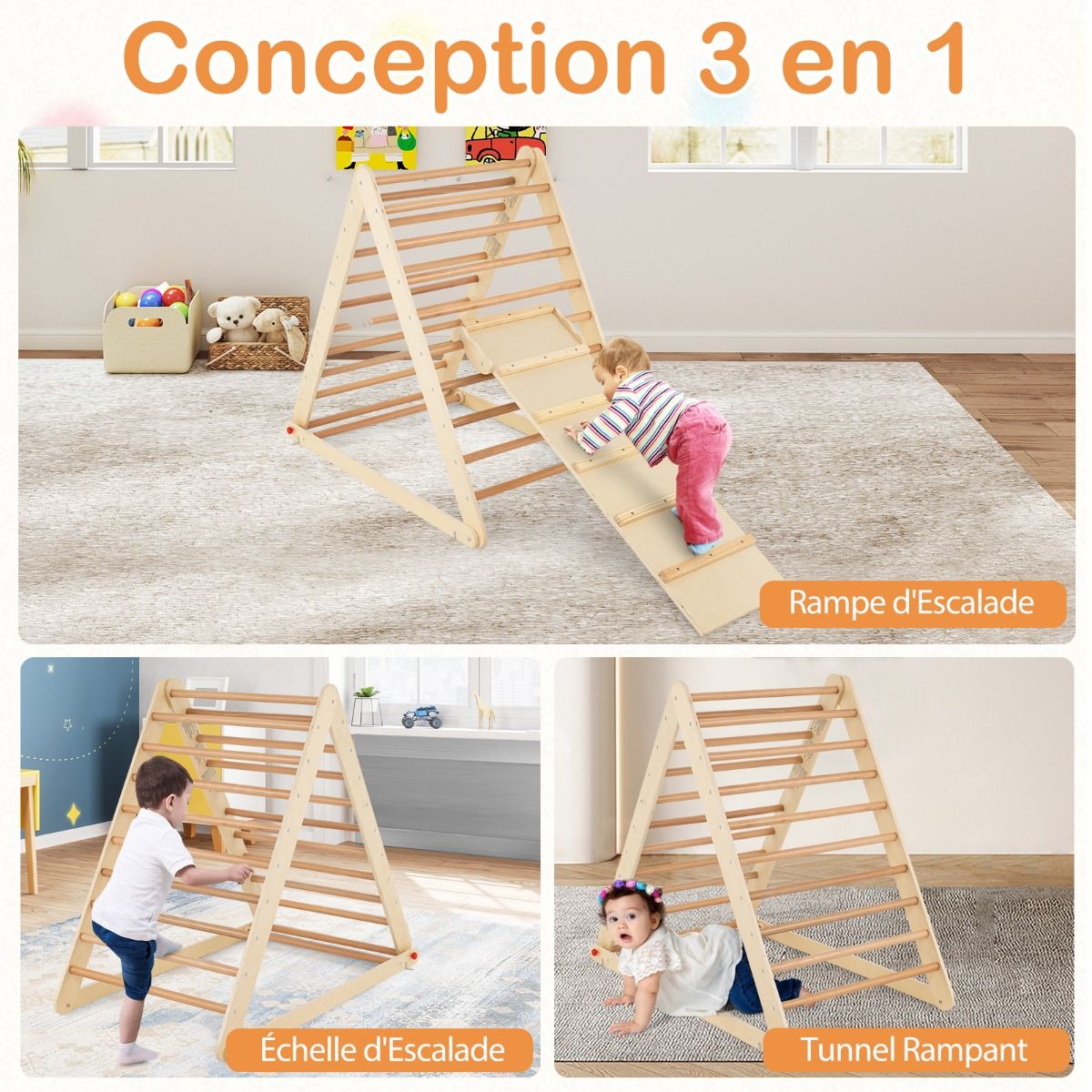 triangle d'escalade en bois coast pour enfants - bois naturel - 120 x 71 x 110 cm - garçons et filles 3+