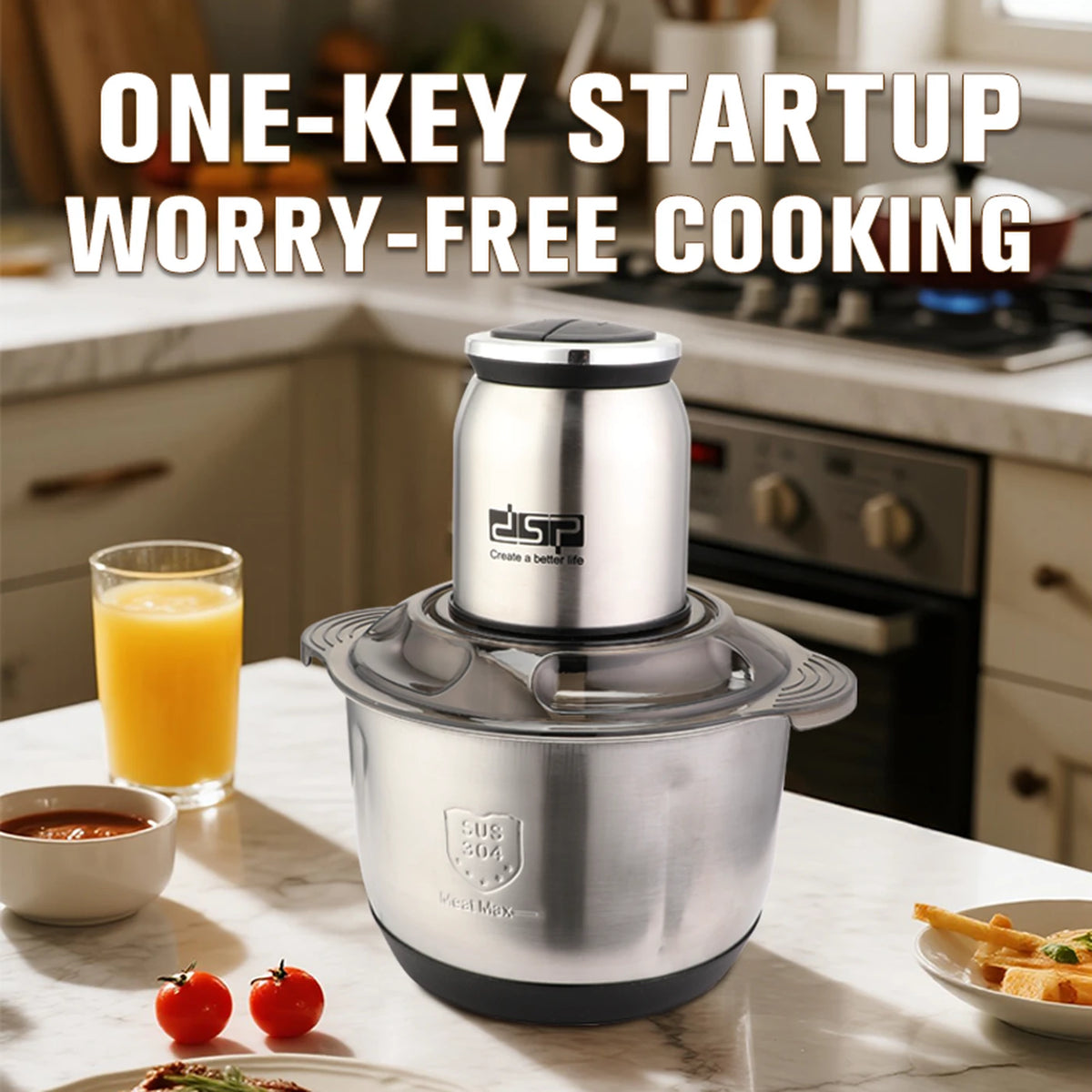 Hachoir de cuisine DSP KM4108 - 5 litres - 500 W - Bol en acier inoxydable 304 - Couteau à cinq lames - 2 vitesses - Moteur en cuivre