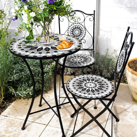 Chaises de bistrot AXI Amélie – Pliantes – Noir/blanc – Chaises de jardin pliantes en métal – Dossier haut – Lot de 2 pièces – Effet mosaïque – Incrustations de carreaux de céramique – Capacité de charge de 150 kg – Jardin, terrasse ou balcon