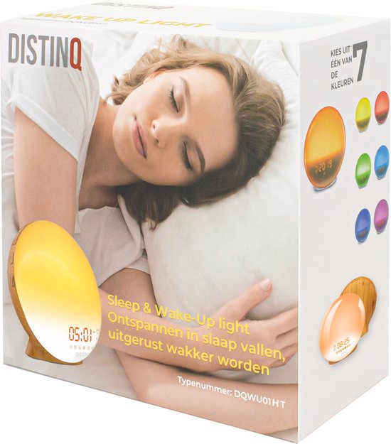 DistinQ Wake-Up Light - Radio-réveil avec double réveil - Aide au sommeil avec connexion USB - Couleur bois