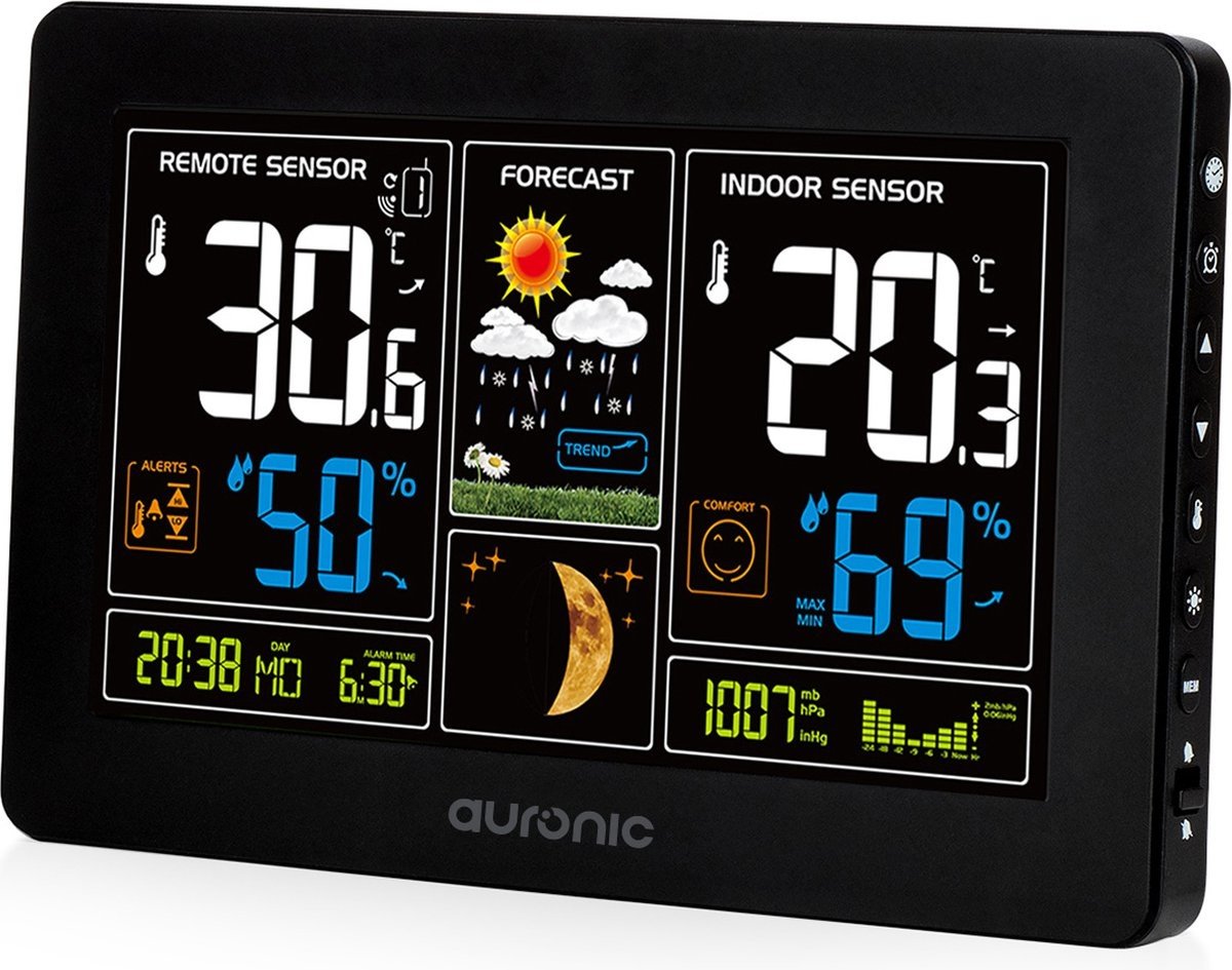 Station météo - Auronic - Sans fil - Intérieur et extérieur - avec capteur - Portée 60M - Noir