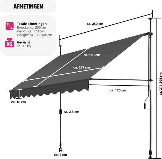 tectake - store à pinces - parasol - store - réglable - store à pinces - parasol balcon - 250 x 120 cm - noir gris - store - 404962
