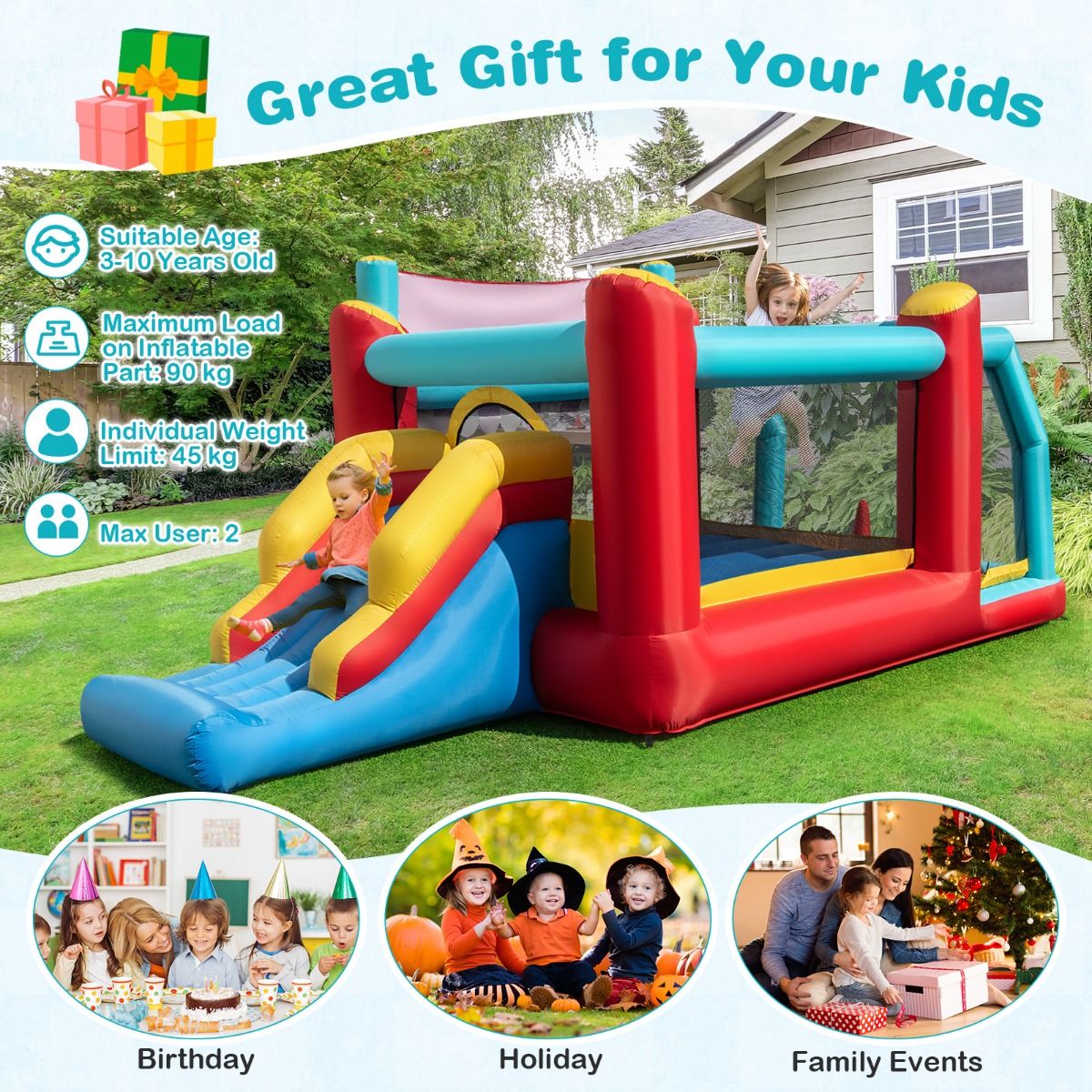 Structure gonflable Coast 5-en-1 - Toboggan - Piscine à balles - Panier de basket - Multicolore 485,5 x 239 x 206 cm