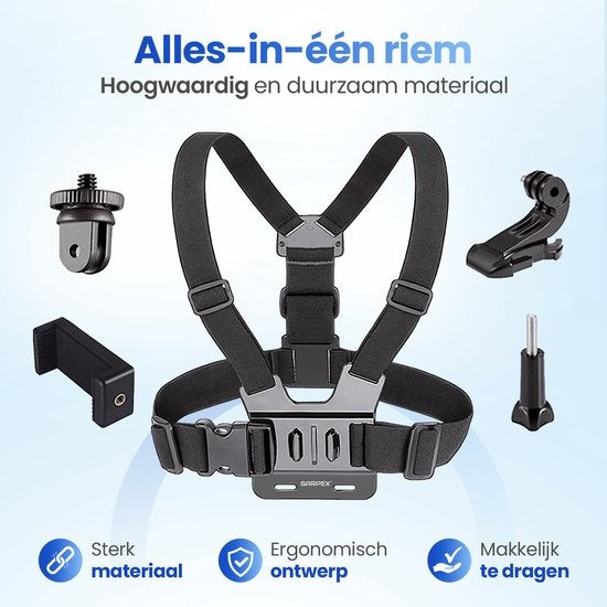 Garpex® Universal Chest strap Harnais de poitrine - Support de poitrine adapté à diverses caméras d'action et smartphones - Noir