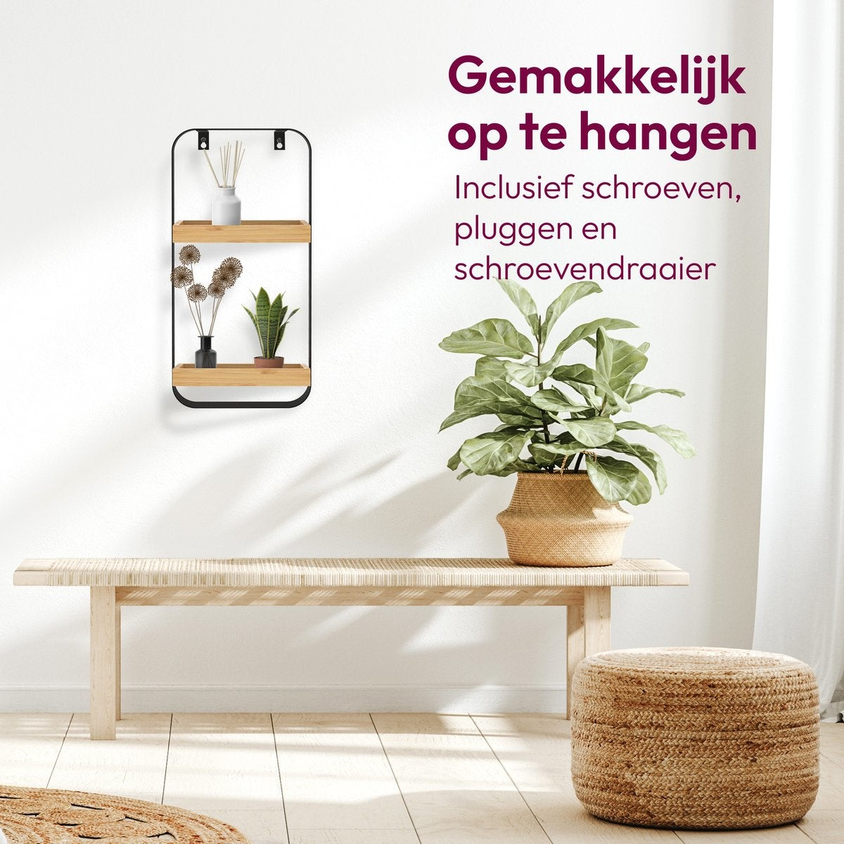 Gadgy Wandplank Metaal Hout Zwart - Wandbox met 2 houten plankjes - Wandrek - Wanddecoratie Industrieel - Muurdecoratie - 50x24 cm