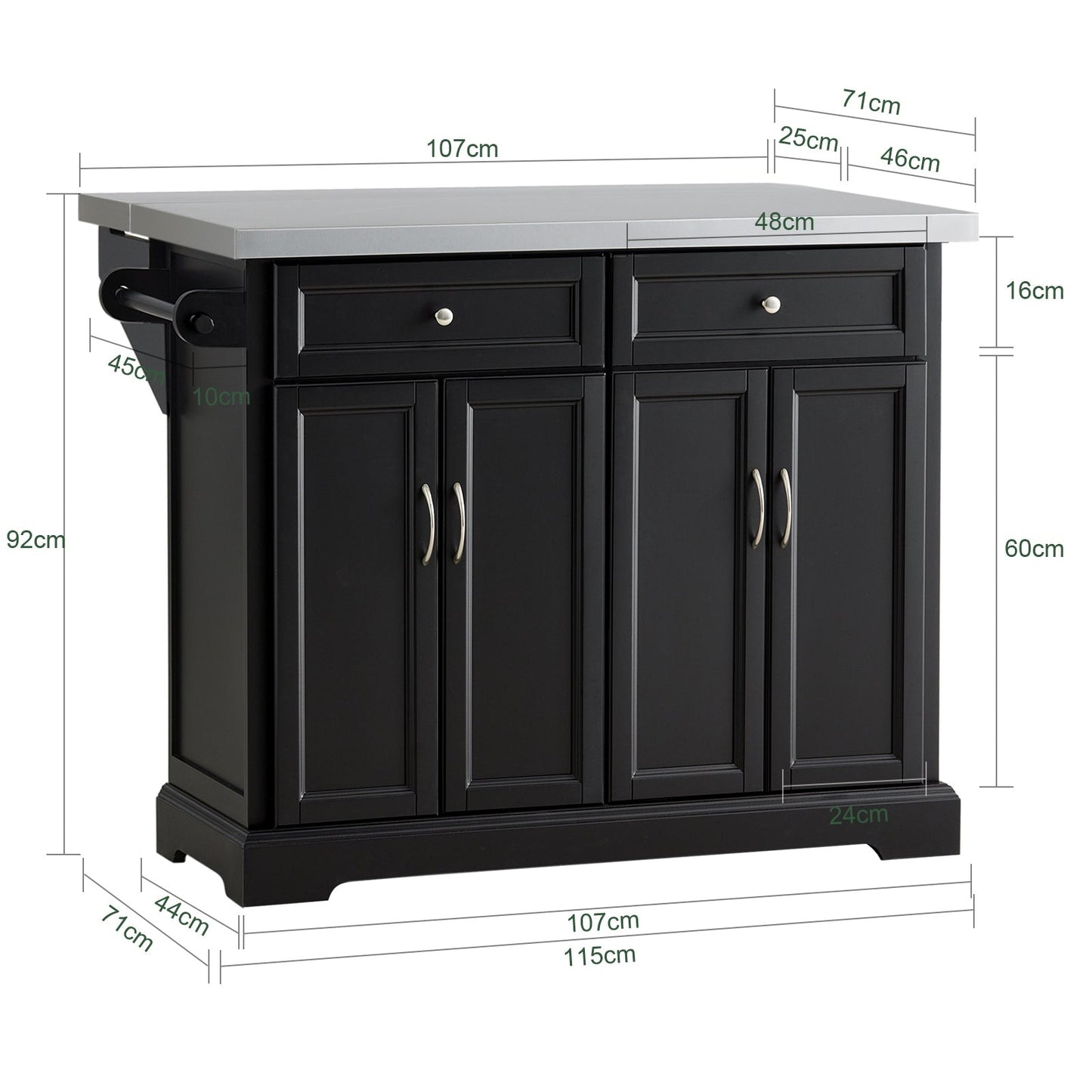SoBuy - Ilot de cuisine avec plan de travail extensible - 115x92x46-71 cm - Noir