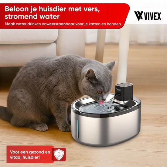 Vivex® Wireless Drinking Fountain - acier inoxydable - 4,5 litres - Fontaine à eau pour chats et chiens - avec capteur et batterie - 6 filtres et nettoyage inclus - silencieux