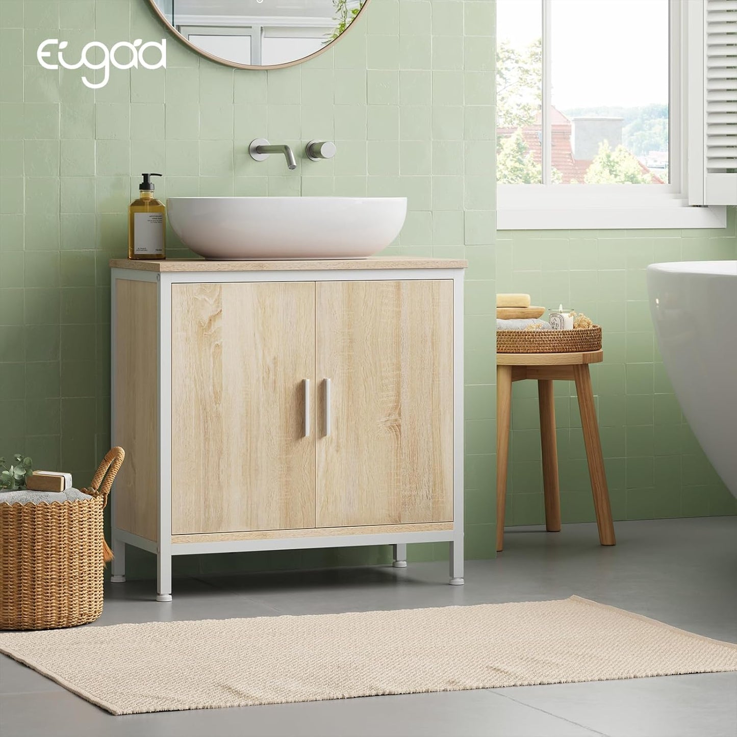 Meuble sous-lavabo EUGAD - 60 x 60 x 30 cm - blanc et chêne clair - avec cloison de séparation réglable