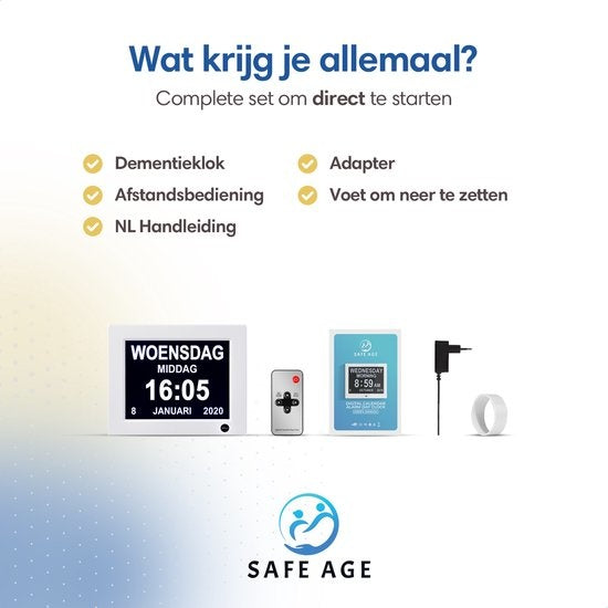 SafeLife Dementia Clock XL - Horloge calendrier numérique avec date et jour - Réveil médical, fonction alarme et fonction cadre photo - Horloge Alzheimer / Horloge Seniors