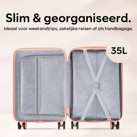 Skycases Hand Luggage Suitcase 35L - Lightweight Trolley - Spinner Wheels - TSA Lock and Laptop Compartment - Travel Suitcase with Handy Front Pocket - 55 cm - Pink